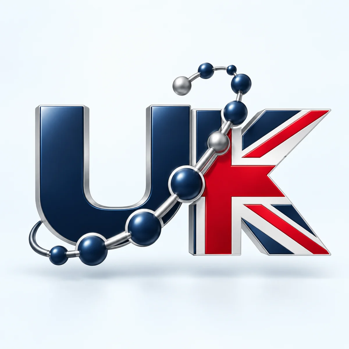 UK Direct Peptides UK emblem with a molecular chain, rendered in navy, red and silver