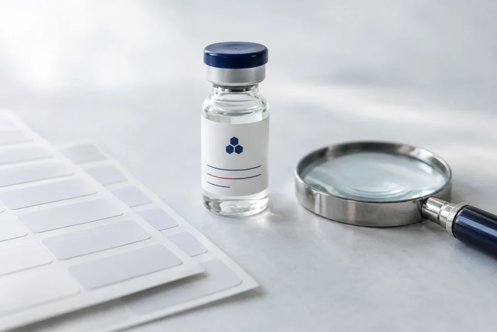 Illustrative research vial beside label sheets and a magnifying glass