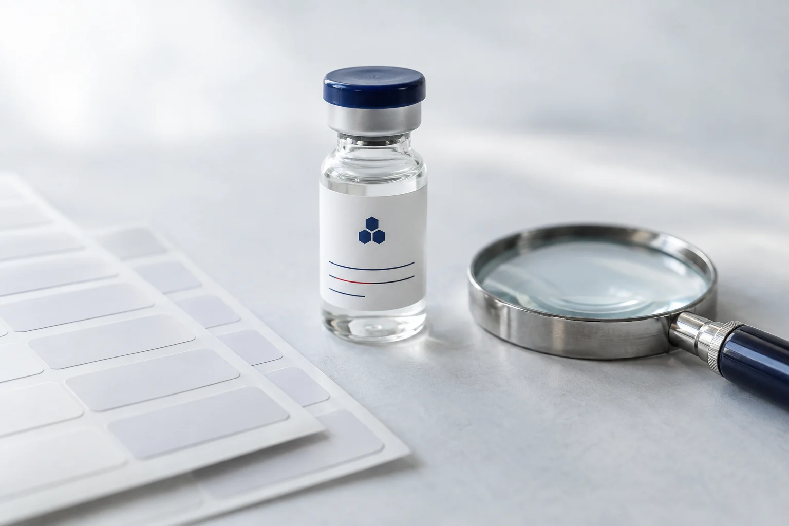 Illustrative research vial beside label sheets and a magnifying glass