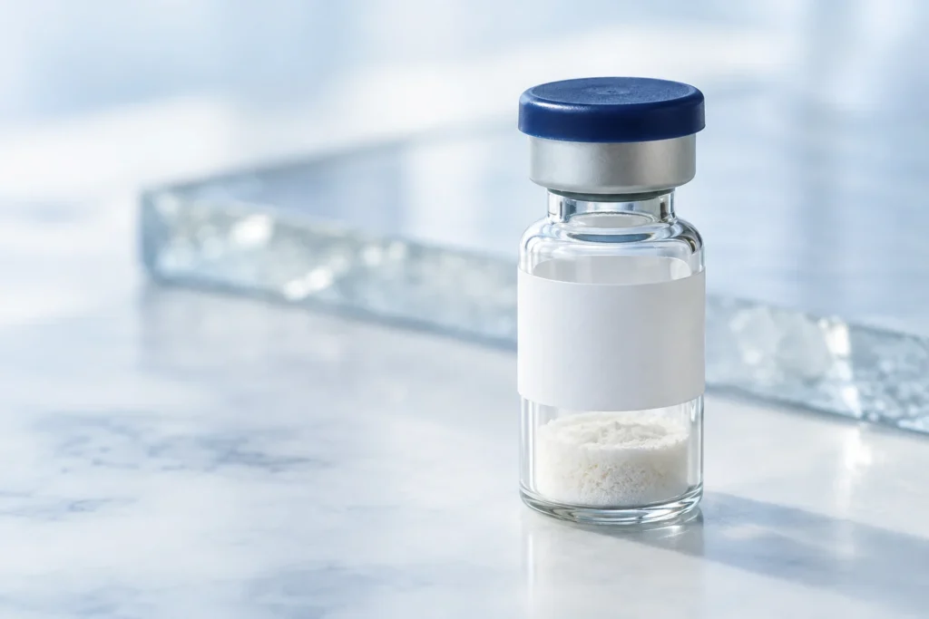 Illustrative sealed vial containing pale freeze-dried material
