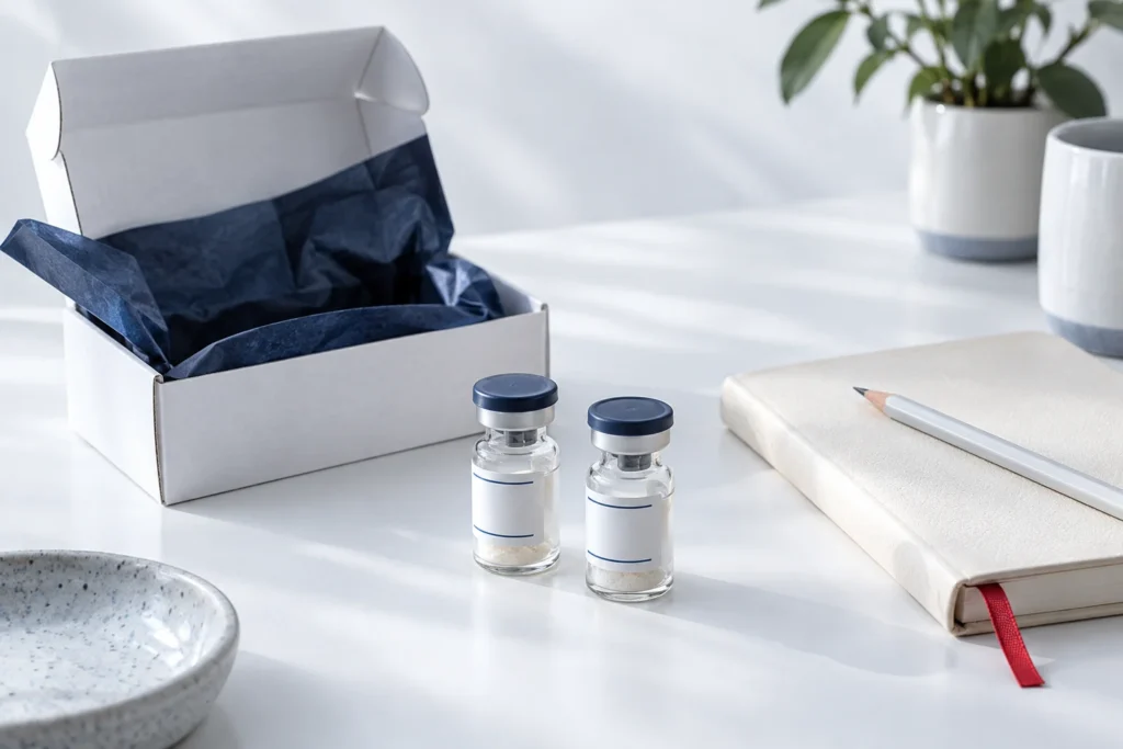 Research-supply planning still life with vials, notebook and parcel