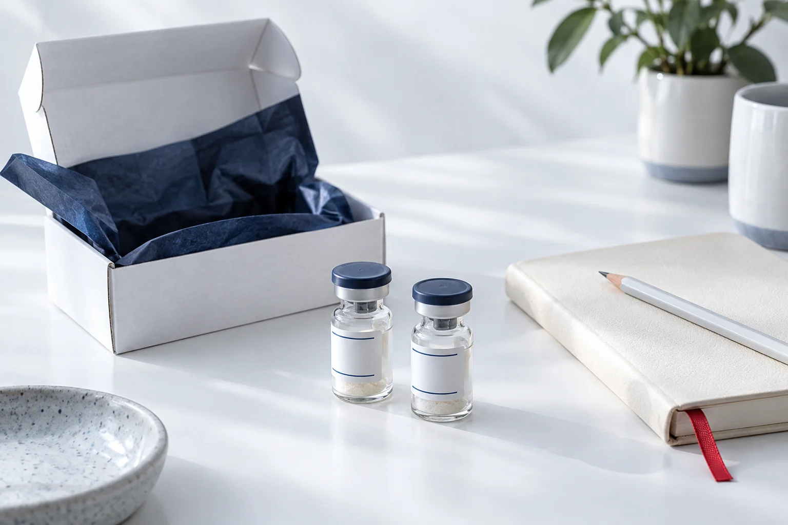 Research-supply planning still life with vials, notebook and parcel